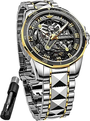 OUPINKE Herren Skelettuhren Automatik Mechanische Armbanduhr Automatikaufzug Luxus Saphirglas Wolframstahl Wasserdicht Leuchtende Premium Kleid Uhr