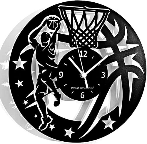Instant Karma Clocks | Basketball Design Wanduhr aus Vinyl-Musikschallplatte für Sportfans | Geräuschlosem Quarzwerk | Geschenkidee für Küche, Schlafzimmer, Wohnzimmer
