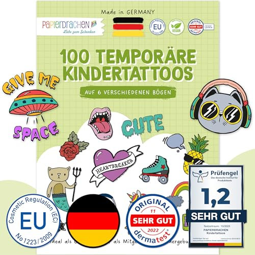 Papierdrachen 100 besonders hautfreundliche Kindertattoos - Tattoos Scrunch Doodles - für Kinder - für Jungen und Mädchen - geprüft & made in Germany - Set 24