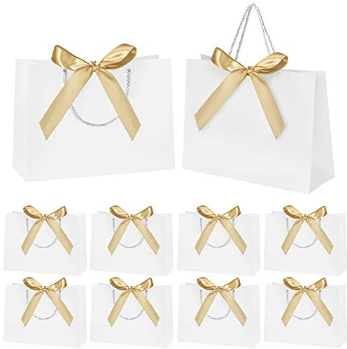 10pcs Gift Bag With Gold Ribbin Luxury Paper Party bag With Handles For Wedding Birthday Baby Shower Halloween Christams((32 * 25 * 10cm, White)