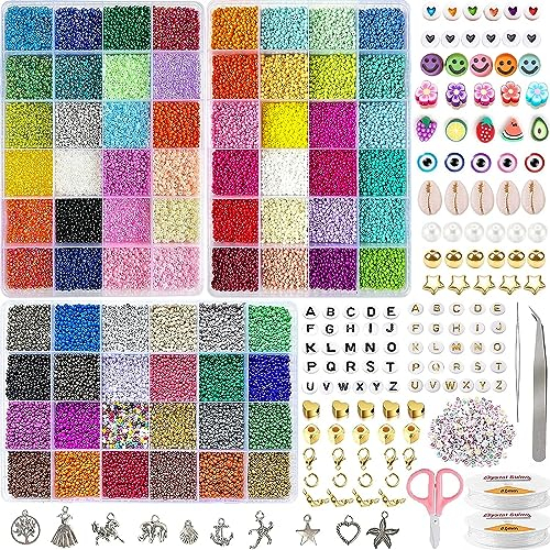 45348Pcs 72 Farben 2mm Rocailles Perlen Set zum Auffädeln, Glasperlen zum Auffädeln für Armbänder Ketten Ringe Handykette Schmuckherstellung,Perlenset mit 708 Zubehör Buchstaben