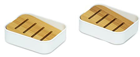 simplywire - Paquete de 2 - Jaboneras de plástico con Estante Inclinado de bambú Natural - Jaboneras de baño - Blanco