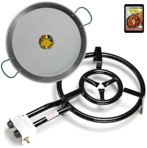 COMBOI Paellero gas butano 40 cm paellera acero pulido 42 cm y libro de recetas digital, quemador de gas de dos aros.