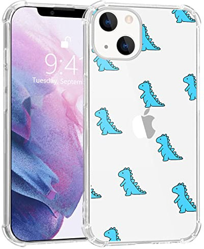 MAYCARI for iPhone 14 Case Cute Blue Dinosaur Pattern Design Transparent Shockproof Anti-Scratch Soft TPU Cover with Air Cushion for Women Girls Protective Phone Case for iPhone 14