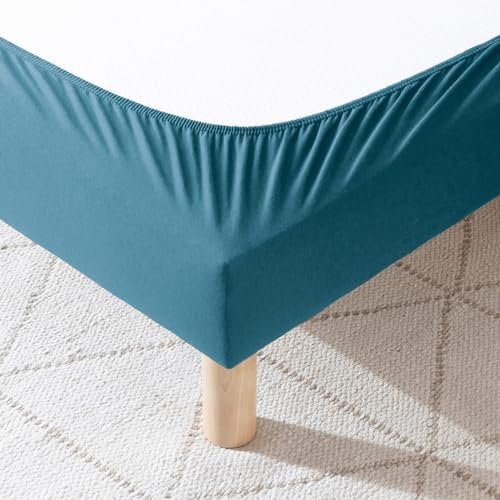 Cache-sommier 160x200 Bleu – 100% Coton Jersey Extensible – Doux, Résistant, Facile à Installer – Oeko-TEX – pour sommier de 15 à 30 cm
