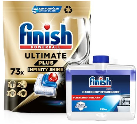 Finish Ultimate Plus Infinity Shine Dishwasher Tablets, Grease Removal Power and Shine with Protective Shield - 73 Caps + Machine Deep Cleaner - Liquid Machine Cleaner 1 x 250 ml Machine Care