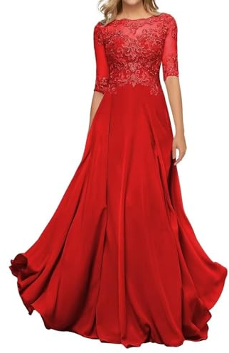 HYEC7 Women's Lace Appliques Mother of The Bride Dresses 3/4 Sleeve Long Formal Evening Dresses A Line Prom Dress Red