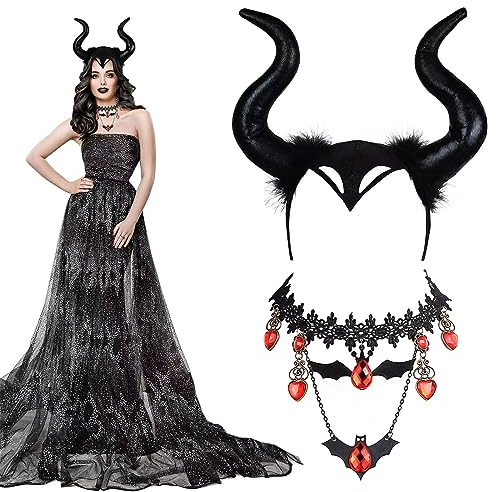 KALUROIL 2 PCS Maleficent Kostüm - Maleficent Hörner -Gothic Königin Hörner Set mit Spitzenhalskette - Teufel Haarschmuck für Halloween, Cosplay, Karneval & Fasching
