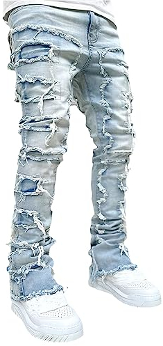 Herren Destroyed Stretch Jeans Slim Fit Jeans Skinny Hip Hop Denim Hose Mit Löchern Für Männer Zerrissene Jeans Schwarze Vintage Freizeithose (Hellblau, L)