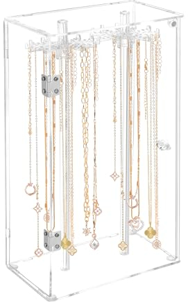 YKUKIZEE Acrylic Necklace Holder Box Dustproof, Clear Acrylic Necklace Display Stand with 24 Hooks, Rotatable Acrylics Necklaces Organiser Storage Holder for Long Jewellery Bracelet Earring Pendant