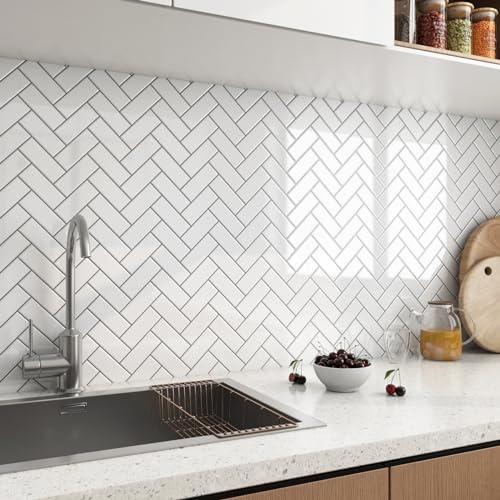 FunStick Self Adhesive Wall Tiles White Peel and Stick Tiles Kitchen Wall Panels Splashback Oil Proof Washable White Stick on Tile Kitchen Tile Stickers for Bathroom Herringbone 30x30cm 15 Pcs