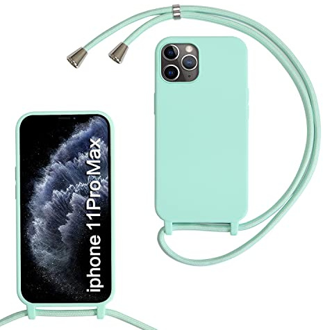 Beajew Funda para iPhone 11 Pro MAX con Cuerda, Silicona Líquida Carcasa con Cordón Correa Colgante Ajustable Collar Correa Teléfono Case Cover, Verde Menta