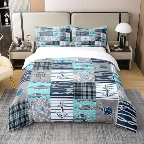 Anker Kompass 100% Natürliche Baumwolle Bettbezug 135x200,Ozeanschildkröte Bettwäsche Set,Küstentier Segeln Komfortbezug Geometrische Bufflo Plaid Check Quilt Cover mit 1 Kissenbezug,Blau