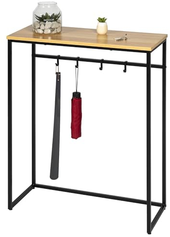 eluno Konsolentisch aus Metall mit 1 Holzablage, höhenverstellbare Füße, 4 Haken, als Beistelltisch oder Sideboard, viel Platz für Bücher, Pflanzen und Deko (Schwarz)