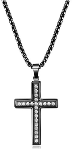 FPEAOB Kreuz Kette Herren Halskette Schwarz Kreuzkette Edelstahl Kette mit Kreuz Anhänger Zirconia Männer Ketten mit Geschenkbox Schmuck für Herren