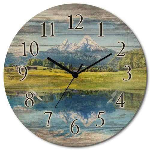 ARTLAND Wanddeko Wanduhr ohne Tickgeräusche aus Holz Quarzuhr lautlos rund Ø 30 cm Landschaft in den Alpen T9QB Landschaften Berge Alpenbilder