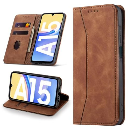 Leaisan Handyhülle für Samsung Galaxy A15 5G/4G Hülle Premium Leder Flip Klappbare Stoßfeste Magnetische [Standfunktion] [Kartenfächern] Schutzhülle für Samsung Galaxy A15 5G/4G Tasche - Braun