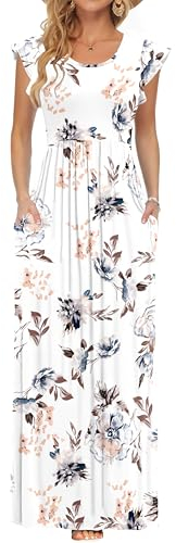 AUSELILY Women's Ruffle Short Sleeve Loose Dresses Casual Dresses with Pockets Maxi Dresses for Women Elegant Wedding All Floral White, L