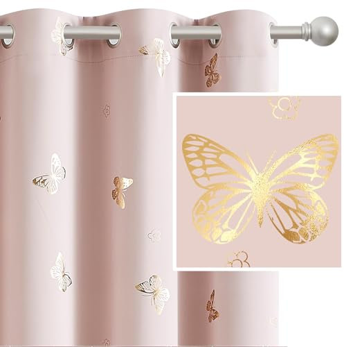 Treatmentex Verdunklungsvorhänge mit Gold Schmetterling Druck Blickdichte Gardinen mit Ösen für Kinderzimmer Mädchenzimmer Schlafzimmer Dekoschal 2er Set 180x140cm(H×B) Rosa