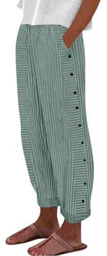 Stoffhose Damen Elegant,Leinenhose Damen Sommer,Leinenhosen Damen Sommer 2024 Gestreift Lässig Elastisch Hohe Taille Gerades Bein Locker Boho Trendy Hose mit Taschen,Grün,XXL