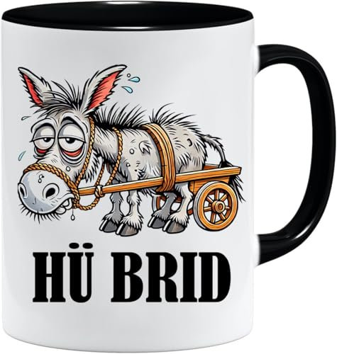 Tasse mit Spruch | HÜ BRID | Lustige Tasse mit Eselmotiv und Spruch | Witziges Geschenk für Frauen und Männer zum Geburtstag oder Abschied (Schwarz)