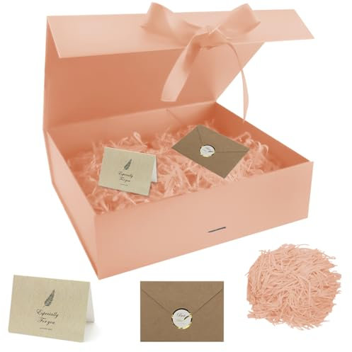 GOIYZTTR Magnetische Geschenkbox mit Deckel 30 * 24 * 10cm Geschenkbox Groß Orange Rosa Wiederverwendbar Magnetfaltbox mit Schleife Grußkarten und Raffia für Geschenkverpackung