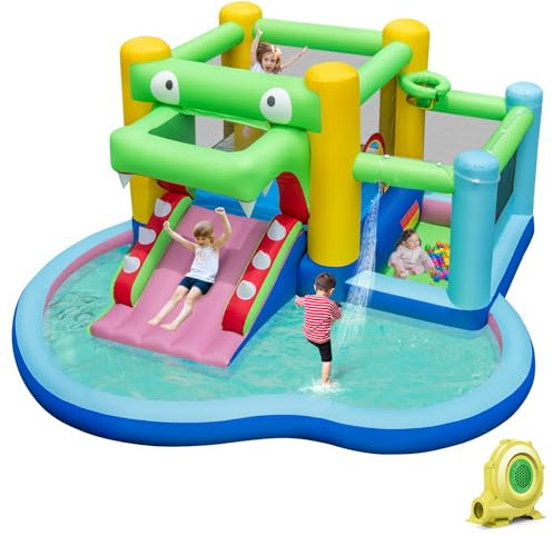 COSTWAY Inflatable Water Park, Kids Bouncy Castle with Air Blower, Slide, Splash Pool, Ball Pit and Ocean Balls, Blow Up Bounce House for Outdoor Summer Play