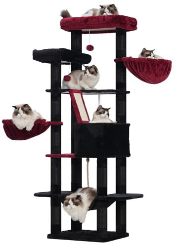 Heybly Rascador para Gatos, Árbol gótico para Gatos, Altura 173 cm, Torre de Gatos, con 17 Postes Rascadores, 2 Plataformas, 2 Cesta, 1 Cueva, 1 Hamaca, 2 Pompones, Tela de Felpa, Negro Rojo HCT025BR