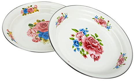 COLLBATH Emaille Teller im Retro Stil 2 Stück, Emailliert, Rund | Emaille Teller, Multifunktions Snackteller, Gemüse und Obstteller, Retro Früchteteller