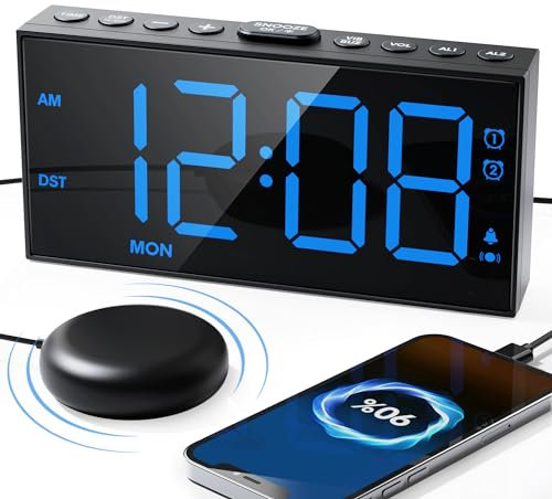Roxicosly Loud Alarm Clocks for Heavy Sleepers with Bed Shaker,7.5 LED Display Vibrating Dual Alarm Clock for Deaf,Hearing Impaired,3 Wake-up Mode,5 Dimmers,Snooze,USB Charger,DST 12/24H,Weekday