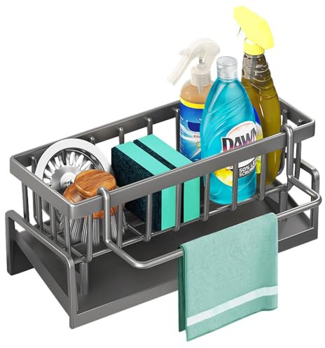 Organizer per lavello da cucina, colore nero, con vassoio autodrenante, gancio per strofinacci, porta spugna per cucina, confezione da 1