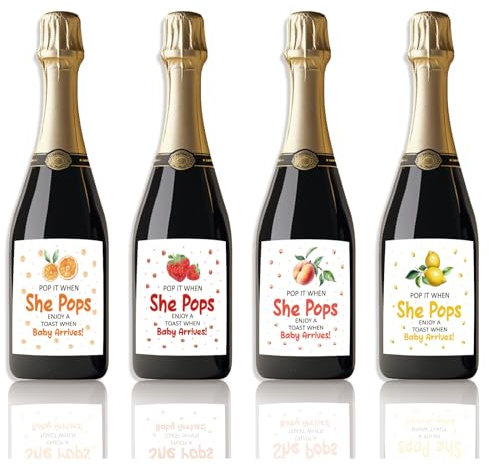 SUPERDANT Wine Labels for Bottles 10 Sets of 4 Styles Labels Baby Shower Wine Bottle Label Fruits Stickers Pop it When She Pops Wine Bottle Labels Covers Gifts for Baby Shower Champagne Tags
