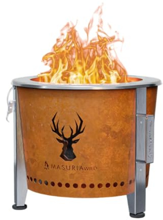 Masuria Rauchfreie Feuerschale 39cm⌀ Alpha 400 - Tragbare Feuerstelle für Camping Terrasse aus Edelstahl 304 und Cortenstahl - Hergestellt in EU - Rauchreduzierung bis zu 95% - Verstellbare Beine