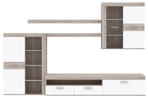 möbelando Wohnwand >Zumba< in Sandeiche und Weiß (300x200,9x41 cm) bietet modernen Stauraum mit 2 Türen, 1 Glastür, 8 Einlegeböden und Platz für TVs bis 60 Zoll. Zerlegt geliefert.