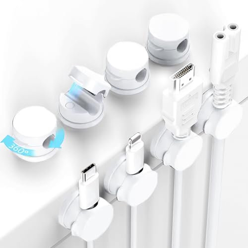 ODLY Cable Clips Organizer 8 Pack - 360° Rotating Base Magnetic Cable Holders with No-Residue Adhesive - Cord Management for Desk, Car, Nightstand, USB, HDMI, Charger (White Round Magnetic)