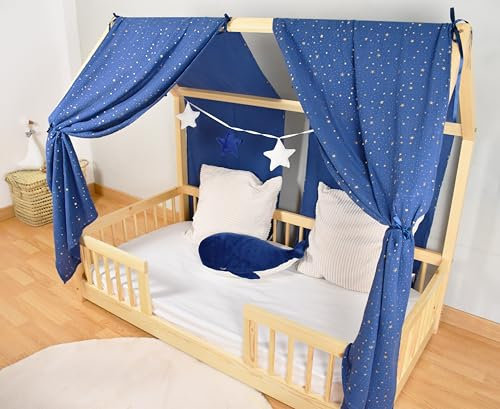 YellowNest Tenda per Letto Montessori (2 Pezzi) - Tenda Letto Bambini per Letto 70x140cm - 100% Mussola di Cotone - Con Ghirlanda (Blue Marino Ghirlanda, 62 x 270 cm (2 Pezzi))