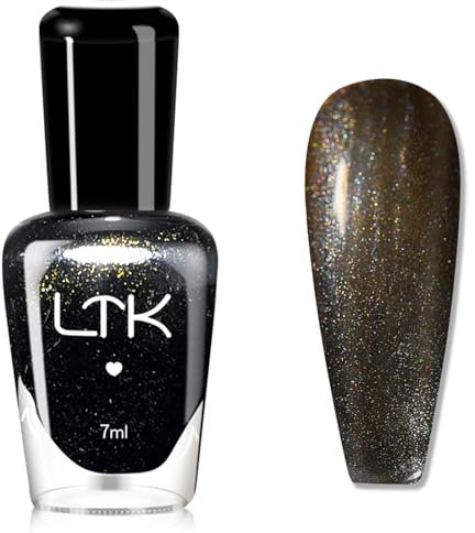 Black Pearl Nail Polish - Pearlescent Black Nail Varnish - Shimmer Gold Shine Glitter nail polish - No UV Bake Quick Dry Nail Polish - No Chip Long Lasting 60 Seconds Air Drying