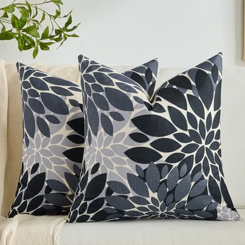 Kissenbezug 40x40 cm Schwarz und Grau Sofakissen Herbst Abstrakte Dahlie Blumen Leinen Kissenhülle Zierkissen für Wohnzimmer Schlafzimmer Sofa Garten, 2er Set