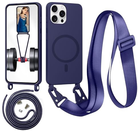 Beajew Funda con Cuerda para iPhone 12 Pro/iPhone 12, Carcasa Magnética Silicona Líquida Case Antichoque con Colgante Ajustable Collar Correa de Cuello Cadena Cordón Case, Azul Oscuro