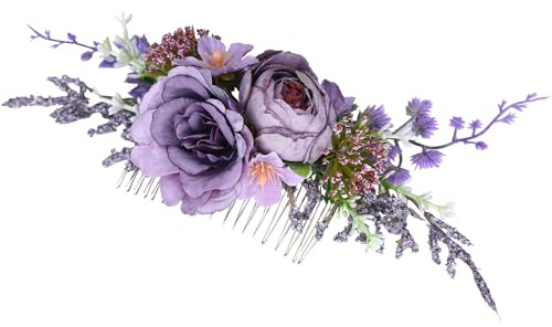 PartyforU Purple Flower Hair Comb for Women, Handmade Wedding Floral Combs Bridal Comb for Hair for Bride Bridesmaid Prom Bridal Shower Maternity Shoot
