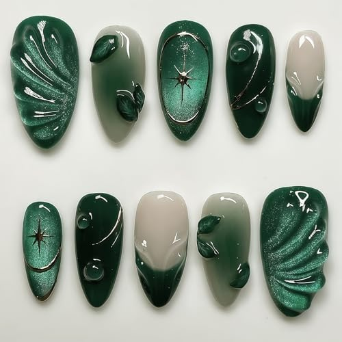 Vesavifaka 24Pcs Green Press on Nails Medium Almond Fake Nails with 3D Green Ripple Design Handmade Press on French Nails Tips Leaves Pattern Full Cover Glossy Y2k Reusable DIY Nails for Women Nail