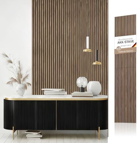 AKK-STAVE Akustikpaneele Holz 240x60 cm (2er-Set 2,88 m²) - Akustik Paneele & Holzpaneele Wand | Holzfurnier 3D Paneele Wand als Wandverkleidung Innen für Wohnzimmer(Walnuss)
