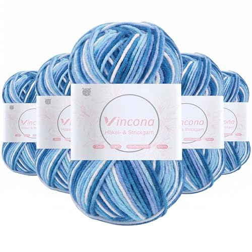 Vincona Häkelgarn，5x50 g Wolle zum Häkeln，Bunt Farbverlauf Acrylgarn zum Häkeln，Wolle zum Häkeln und Stricken, Handstrickgarnsets Geeignet zum Stricken von Puppen, Pullovern, Schals, Mützen35