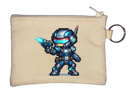 Pixel Art Futuristic Robot Warrior Schlüsselanhänger Münzbörse Beige