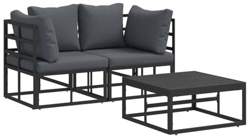 Keeushr Gartenmöbel Set Metall 3-teilig Schwarz, Gartensofa-Set mit pulverbeschichtetem Metallgestell und anthrazitfarbenen Polyesterkissen, abnehmbaren Bezügen, modernes Design