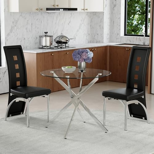 Juego de sillas de mesa de comedor de 88 cm de cristal templado redondo + 2 sillas de comedor de piel sintética negra con patrón geométrico de agujeros, juego compacto para apartamentos pequeños y