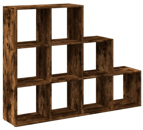 Fisinber Libreria divisoria con 9 scomparti, scaffale a scale a 3 livelli in robusto legno, scaffale a gradini per soggiorno, ufficio, camera da letto, 137,5 x 29 x 103,5 cm, rovere affumicato