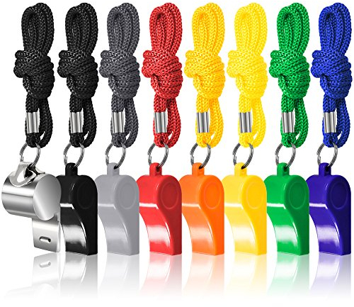 Lot de 8 Sifflets avec Corde, FineGood Sifflets de Signalisation D'urgence en Platique et Acier Inoxydable Métal Haute Voix pour Arbitres Coach Sauveteurs Basketball Football Hockey - Multi-Couleur