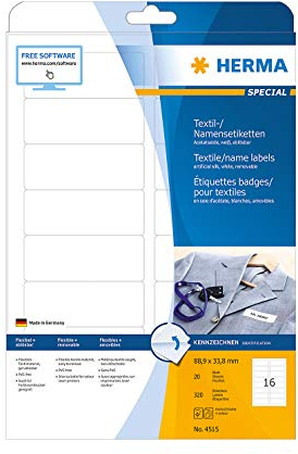 Namens- und Textiletiketten Herma, A4, 88,9 x 33,8 mm, selbstklebend, weiß, 160/320 Stück 320