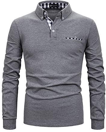 STTLZMC Mens Long Sleeve Polo Shirts Plaid Collar Basic Casual T-Shirt #23 Grey S